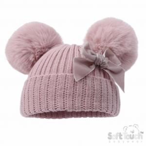 Dusky pink velvet ribbon pom pom hat