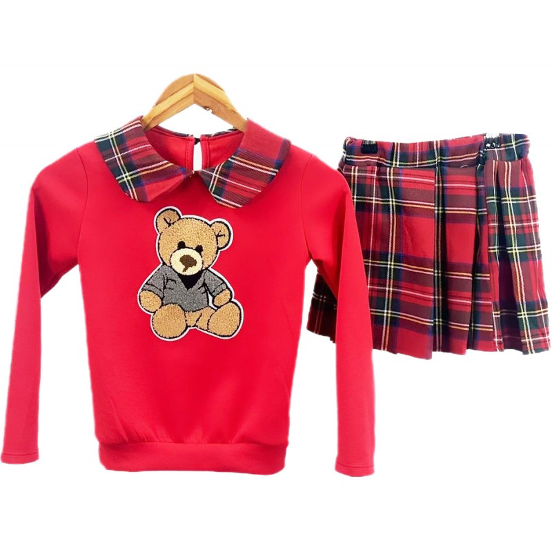 Girls red tartan bear print skirt set