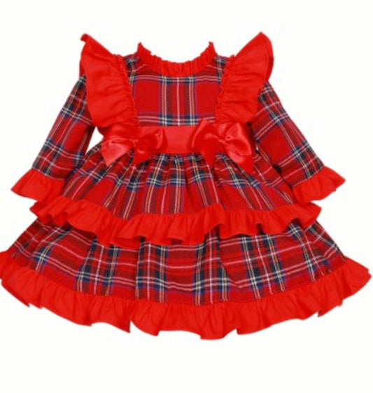 Wee me baby girl red tartan frilly shoulder puffball dress 2423