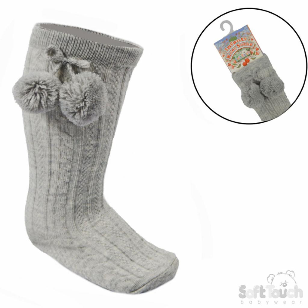 Soft touch grey pom knee high socks