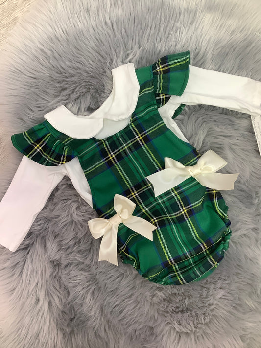 Girls green tartan 2 piece romper set