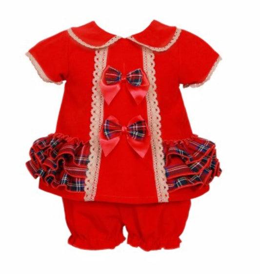 Wee me baby girl red velvet tartan dress with knickers 2431
