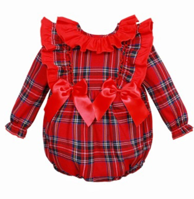 Wee me baby girl red tartan frilly shoulder romper 2425