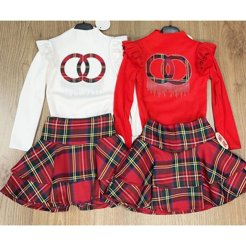 Girls white top and red tartan skirt set