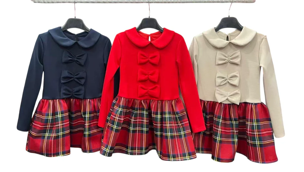 Girl beige bow tartan dress