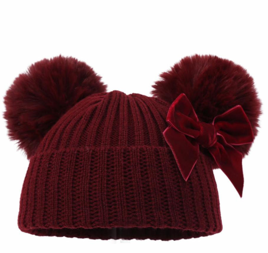 Burgundy velvet ribbon pom pom hat