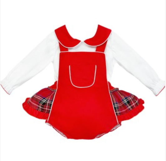 Wee me baby girl red tartan frilly romper with shirt 2433