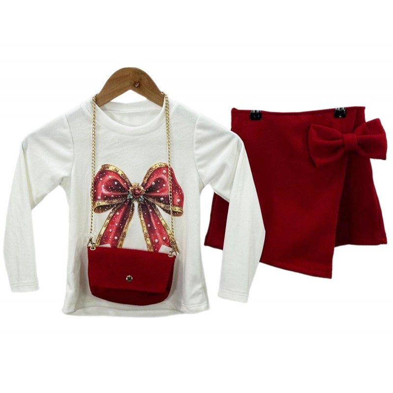 Girls red bow print skort set with navy bag
