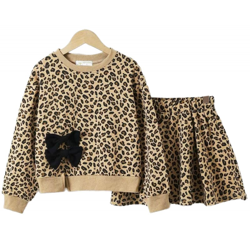 Girls camel leopard print skirt and jumper set
