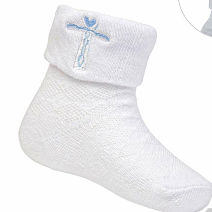 Soft touch Baby blue cross christening socks