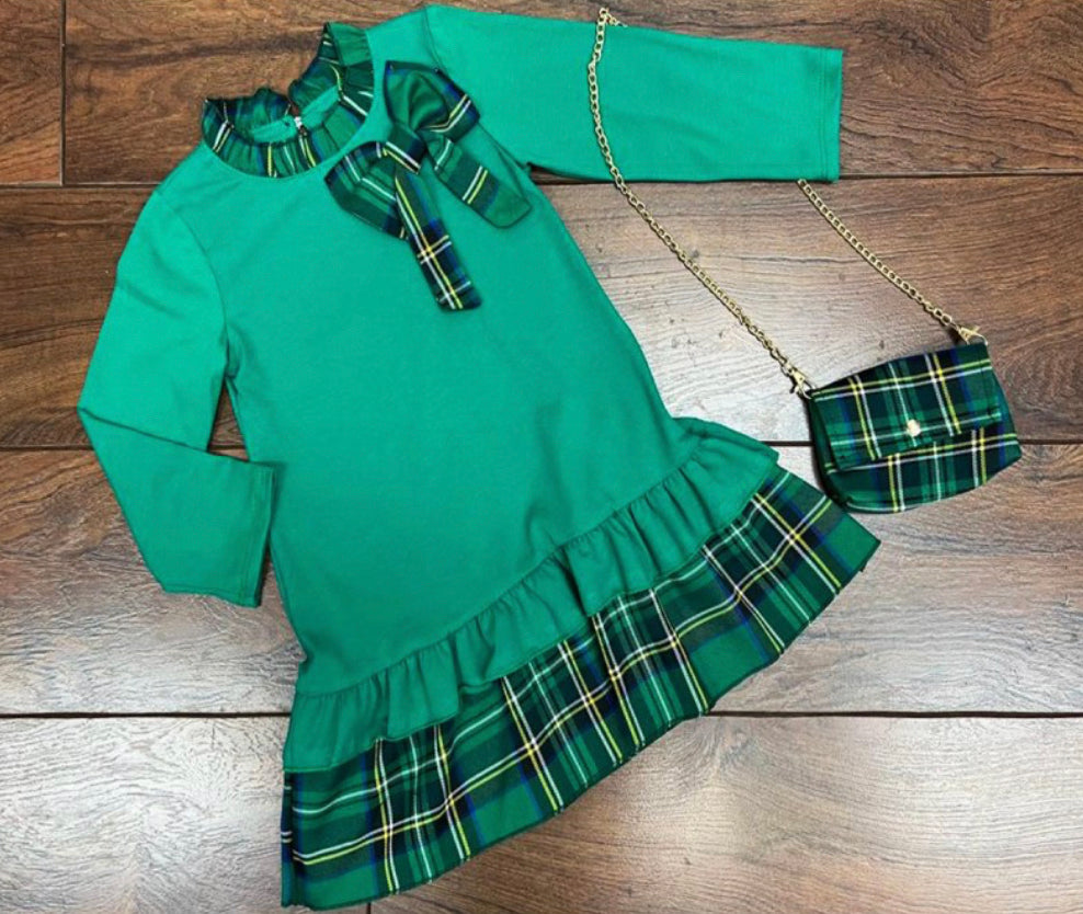 Christmas green tartan dress with matching bag P624 BLACK FRIDAY