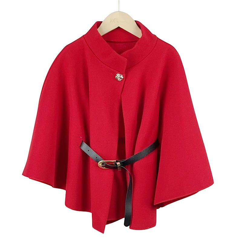 Red girls woven belted cape coat