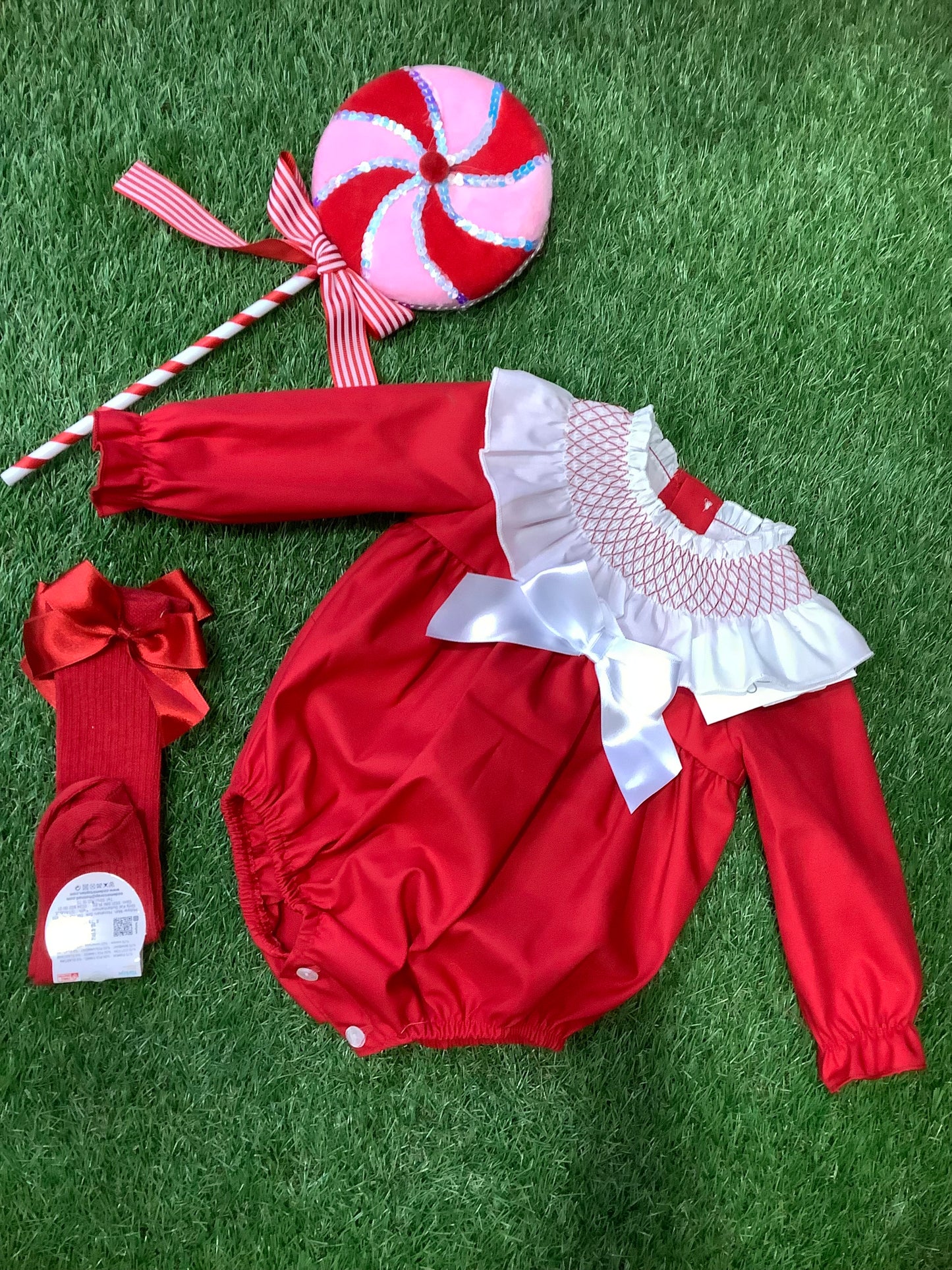 Wee me red with white frill romper