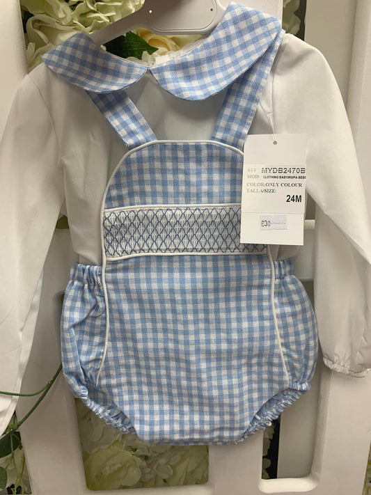 Boys blue check romper set