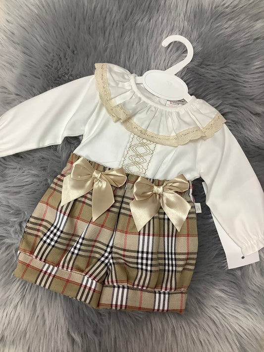 Baby girls beige tartan check shorts set BLACK FRIDAY