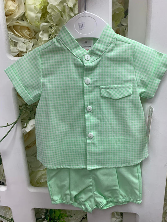 Boys green check shorts set