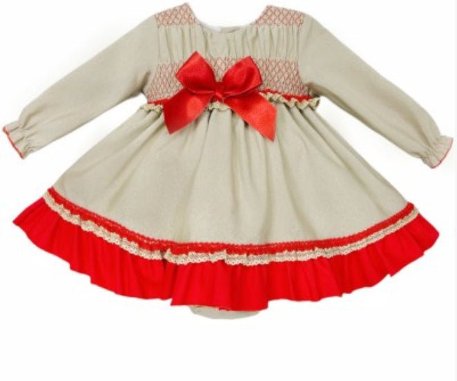 Wee me girls beige and red trim dress BLACK FRIDAY