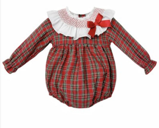 Wee me red tartan with white frill romper