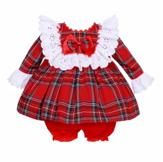 Wee me baby girl red tartan puff dress big collar with knickers 2422