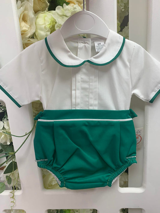 Boys green and white shorts set