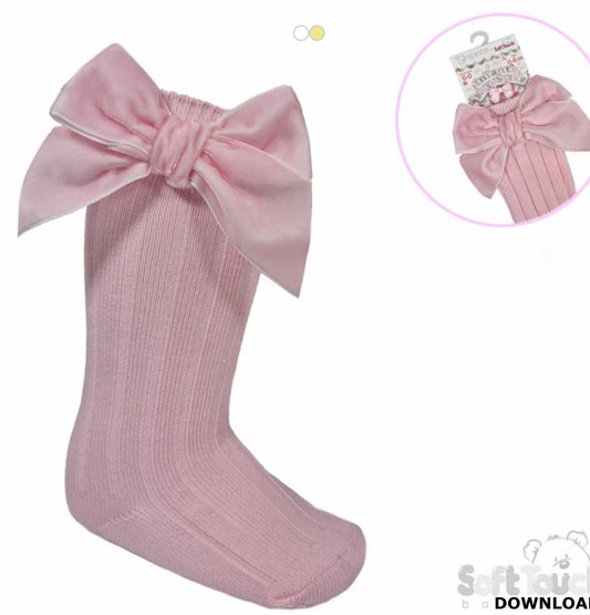 Soft touch pink velvet bow knee high socks