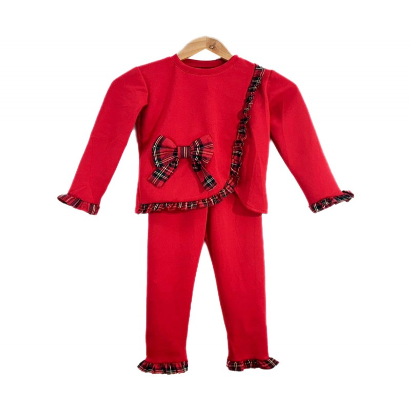 Girls red tartan trousers and jumper set