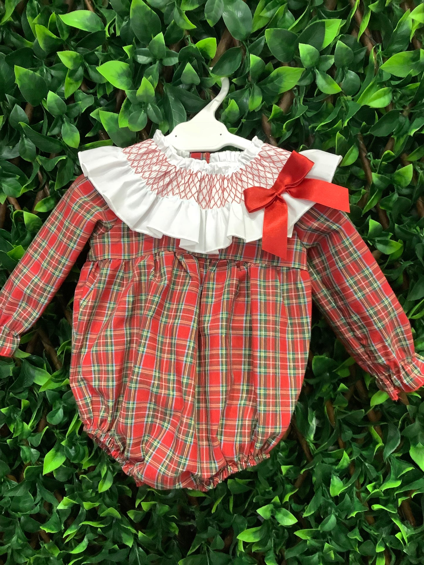 Wee me red tartan with white frill romper