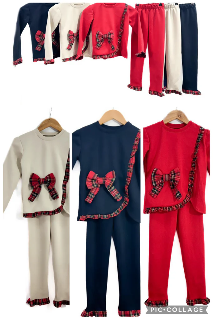 Girls red tartan trousers and jumper set