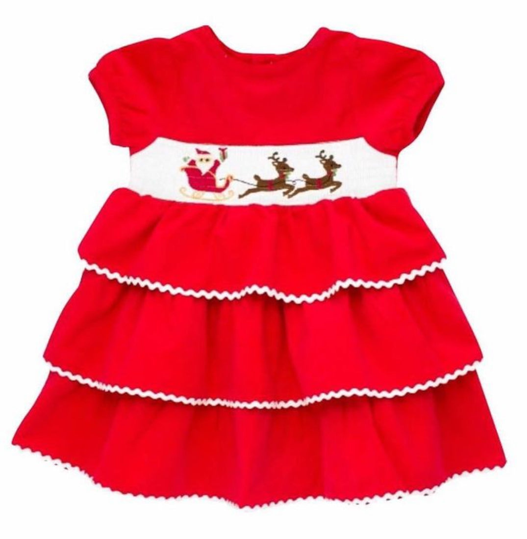 Girls Christmas red smocked dress with sleigh and reindeer detail BLACK FRIDAY