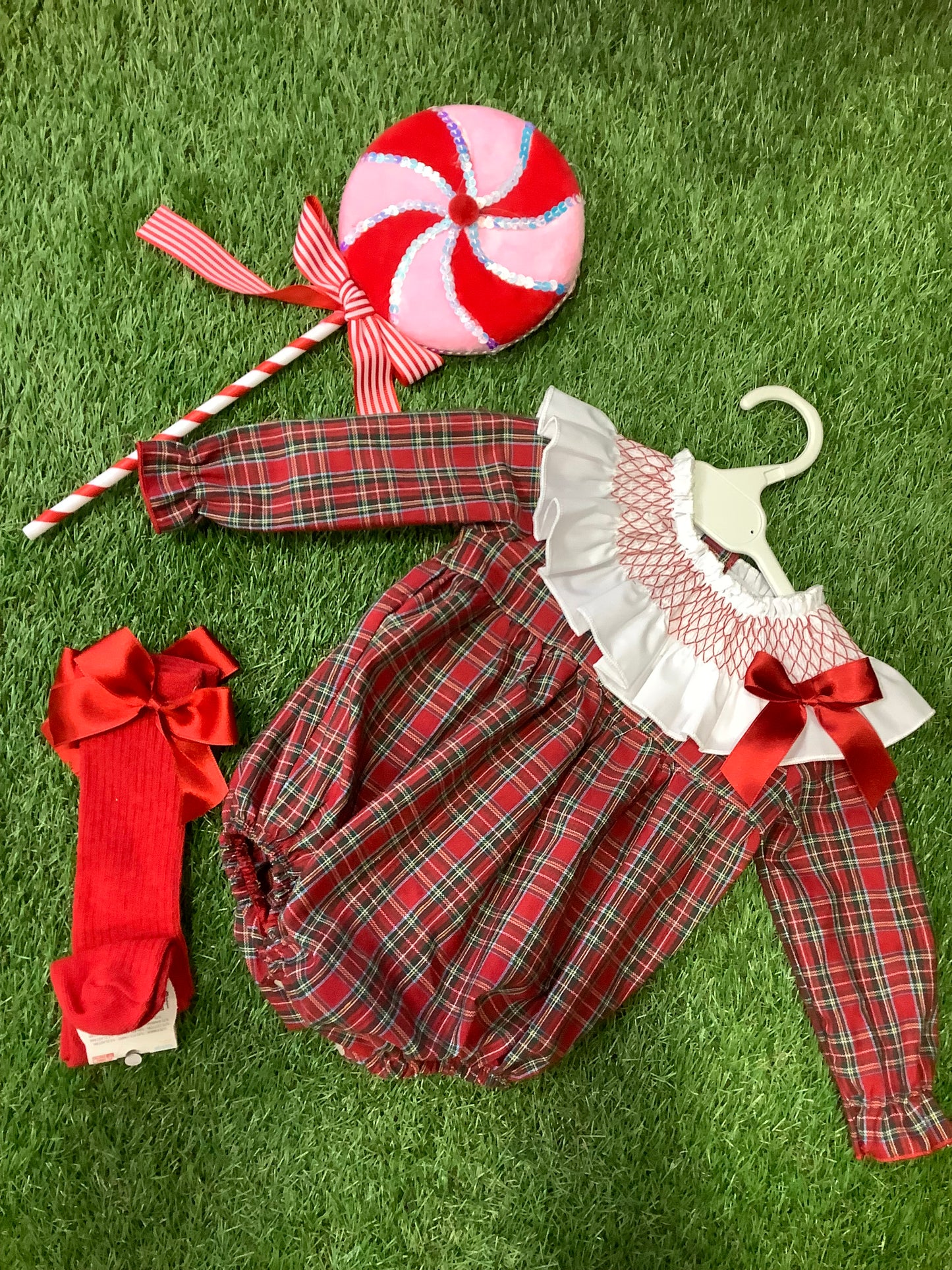 Wee me red tartan with white frill romper