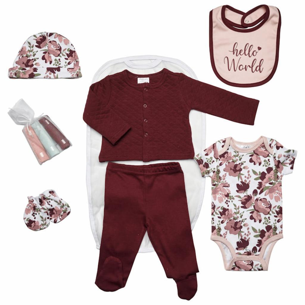 Hello world layette set wine/burgundy