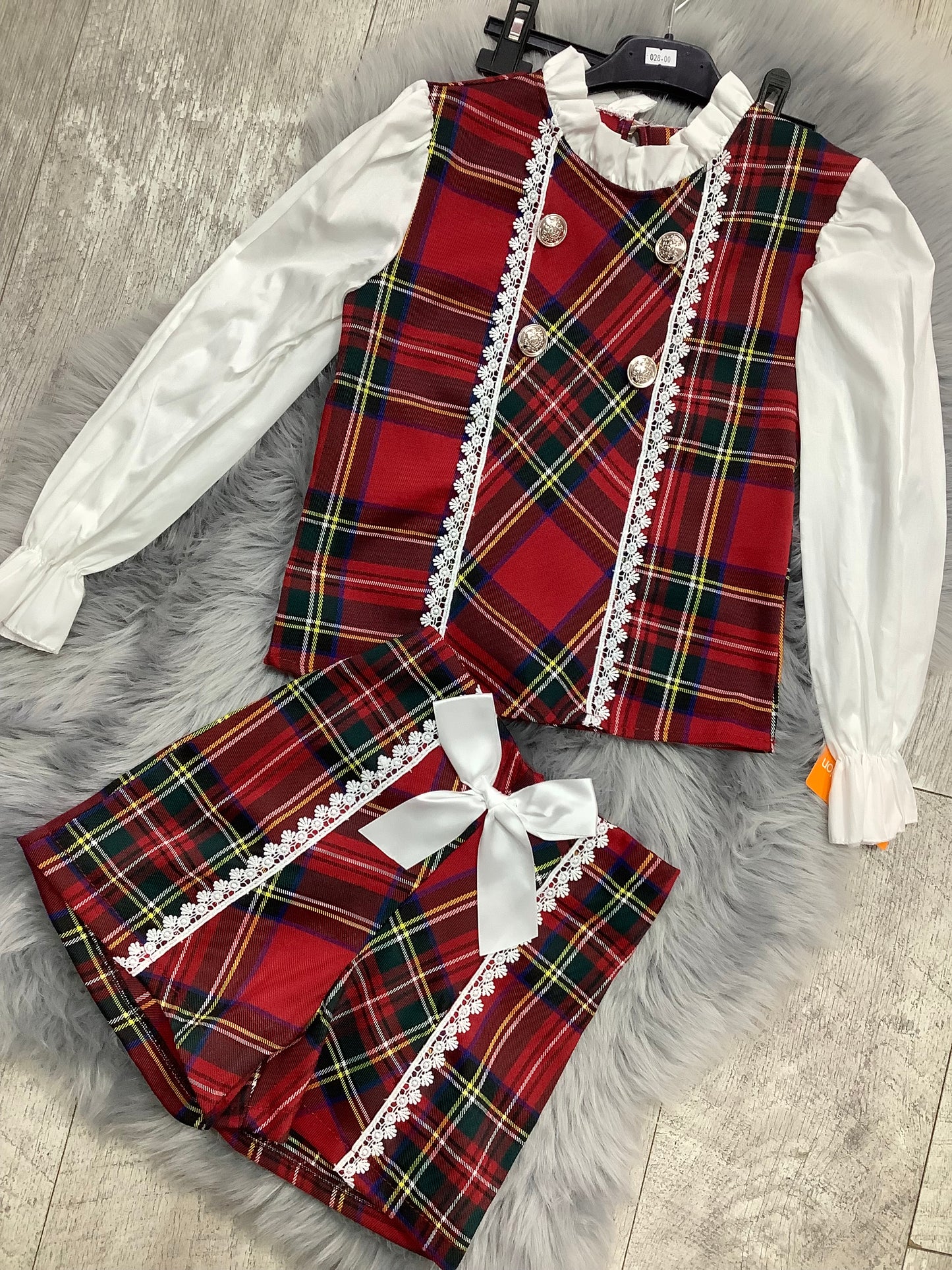 Girls tartan 2 piece shorts set with white trim BLACK FRIDAY