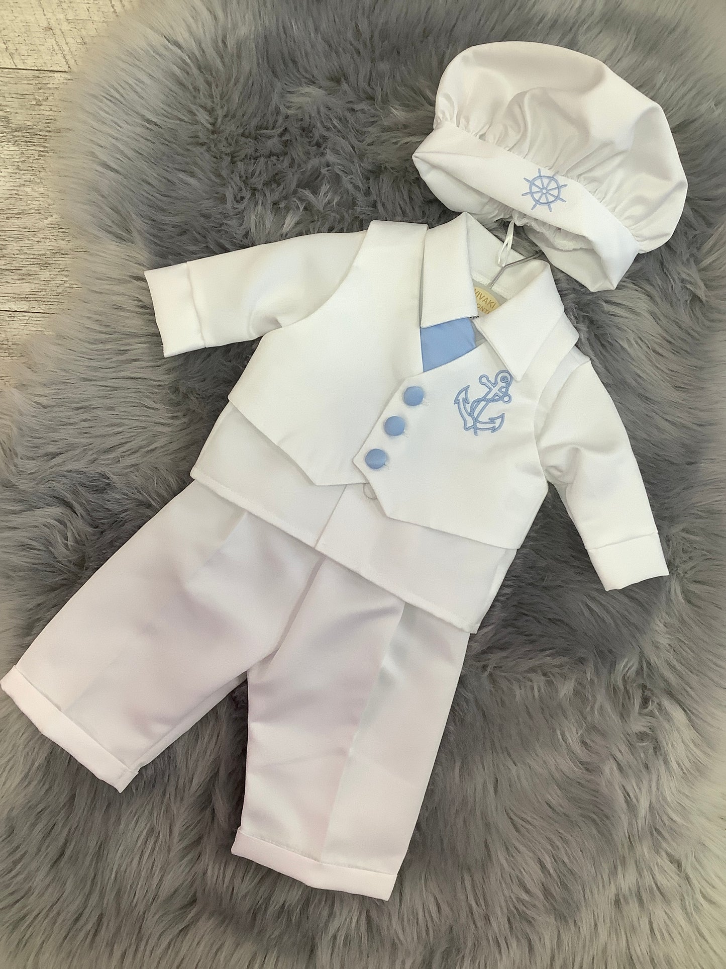 Vivaki boys 5 piece white and blue christening outfit