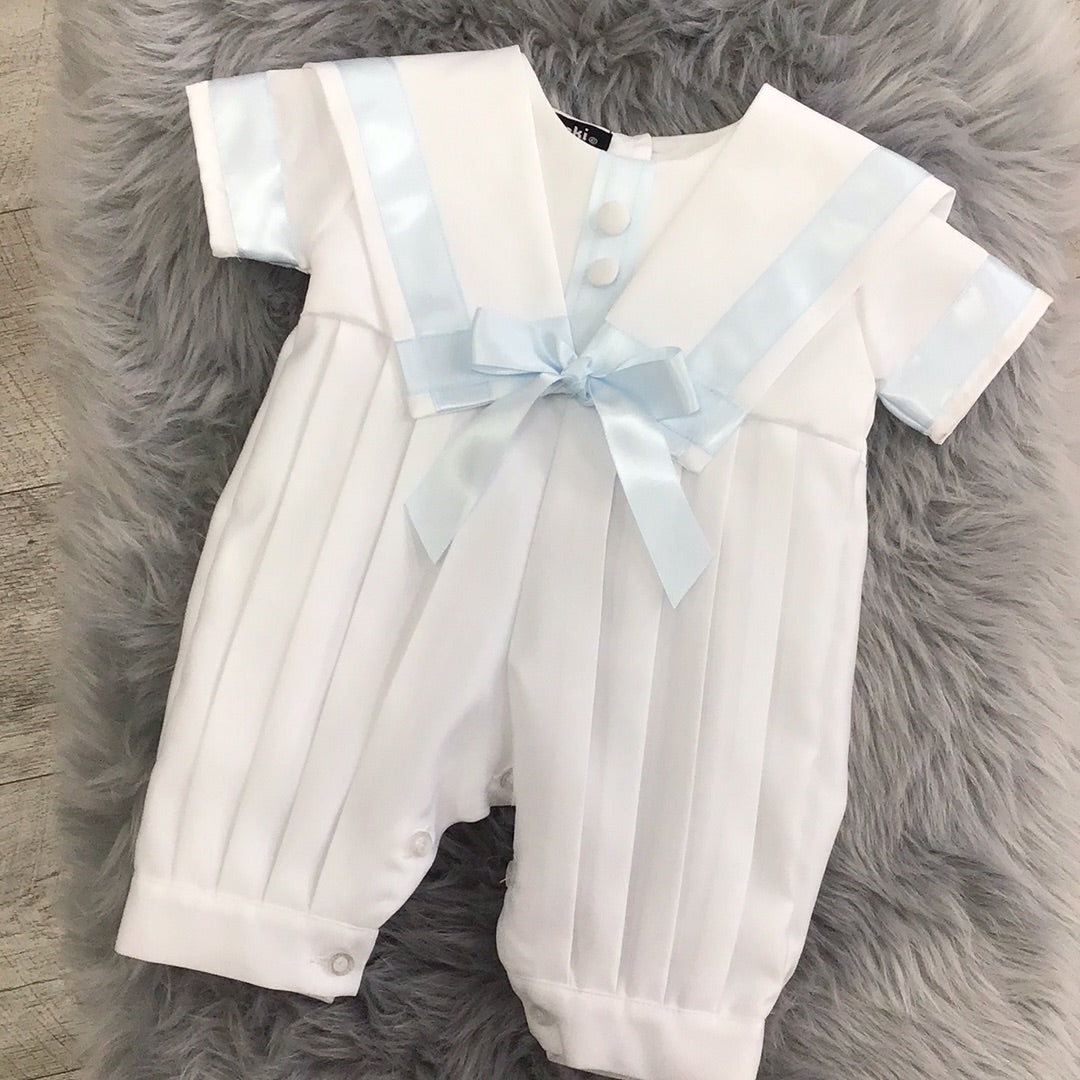 Vivaki christening blue and white romper