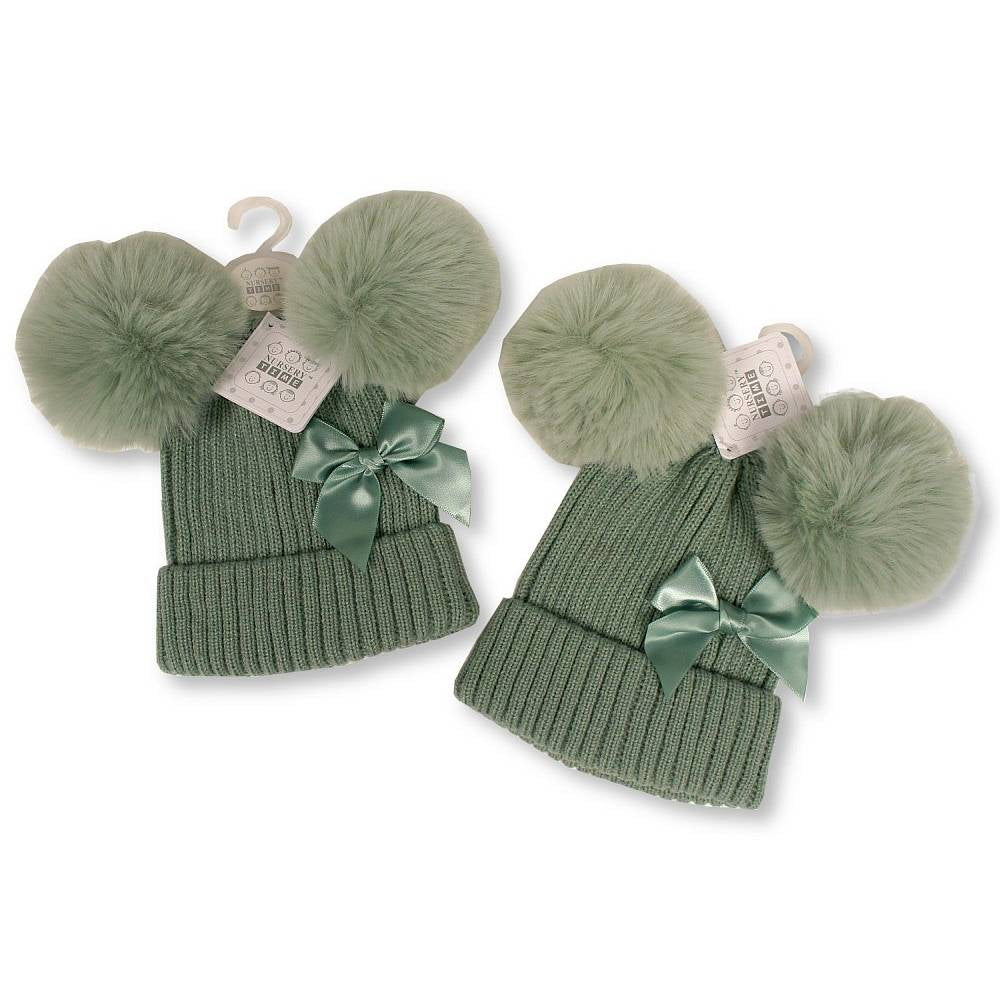 Sage green pom pom hat with bow BLACK FRIDAY