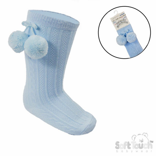 Soft touch sky blue blue knee sock with pom poms