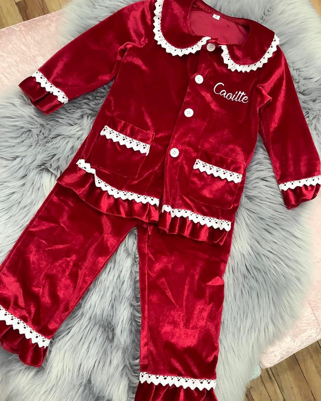 Personalised girls Red velvet Christmas pyjamas