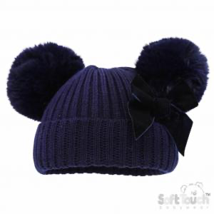 Navy velvet ribbon pom pom hat BLACK FRIDAY