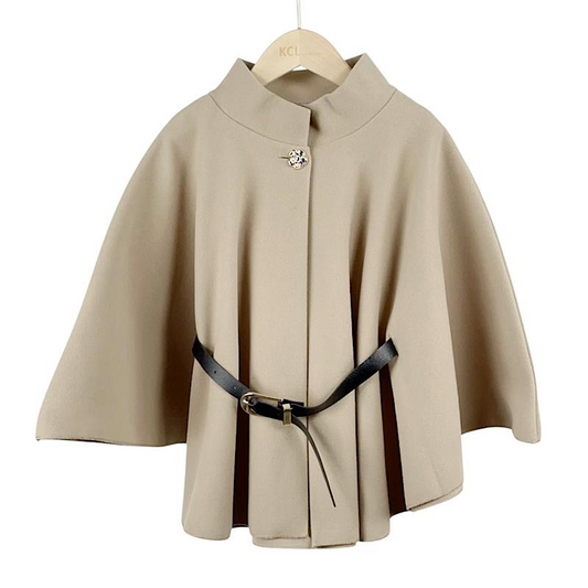 Beige girls woven belted cape coat