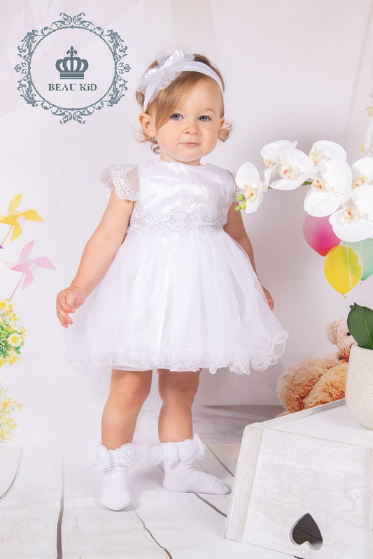 Beau kid white christening dress with matching hairband, diamante trim 123045