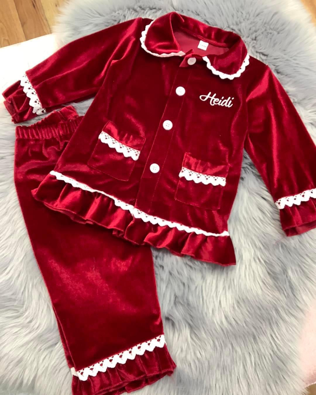 Personalised girls Red velvet Christmas pyjamas