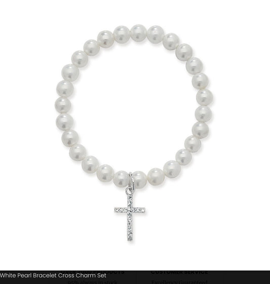 Communion stretch Pearl bracelet with CZ cross HSBR168B