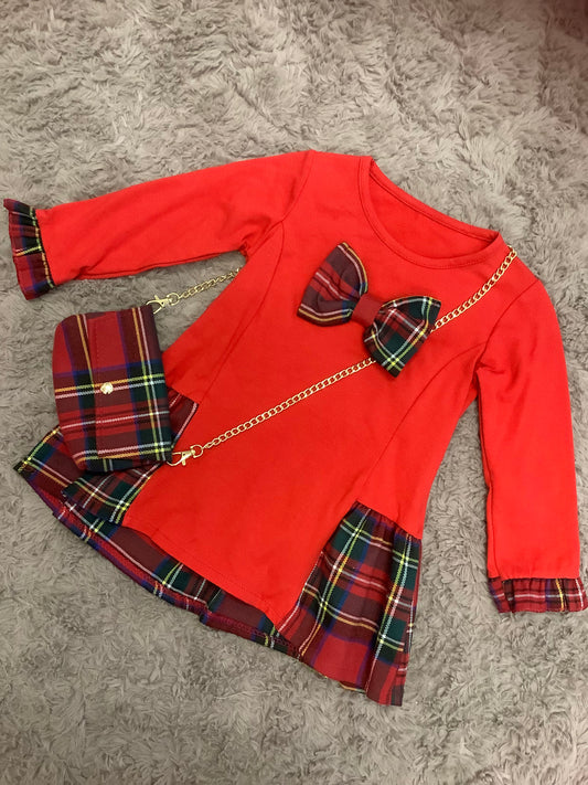 Christmas Red tartan dress with matching bag P625 BLACK FRIDAY