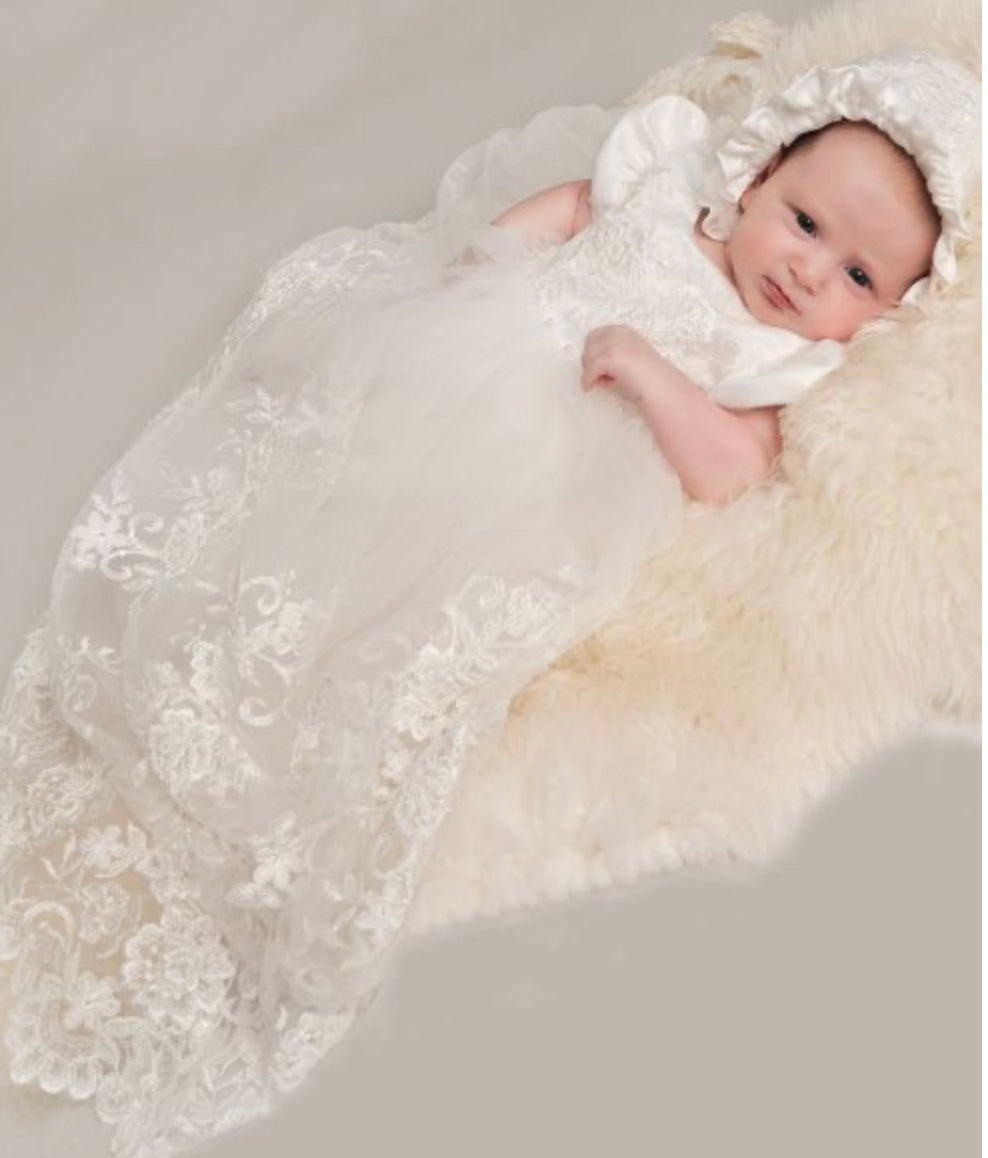 SEVVA ALEXA IVORY CHRISTENING GOWN AND BONNET Alexa